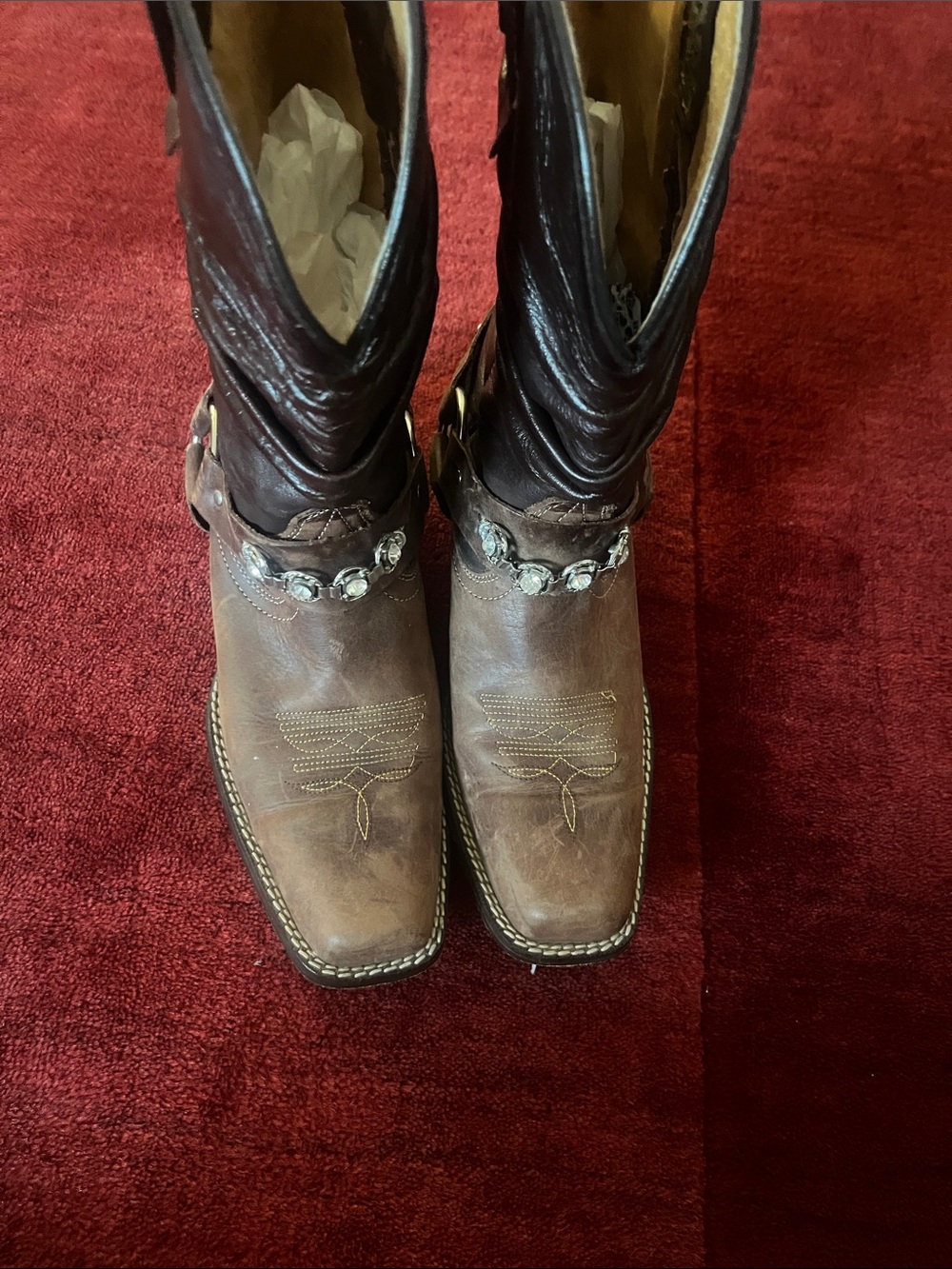 Vintage Western Brown Leather Smoky Brown Cowboy Harness Chain Boots - Picture 7 of 8